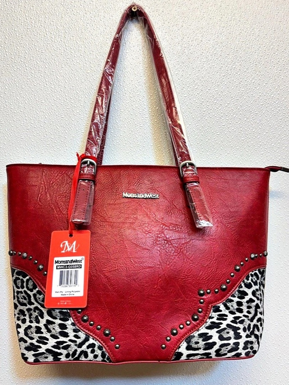 Montana West Leopard Western Studded Tote Bag Red & Black NWT (E-58)